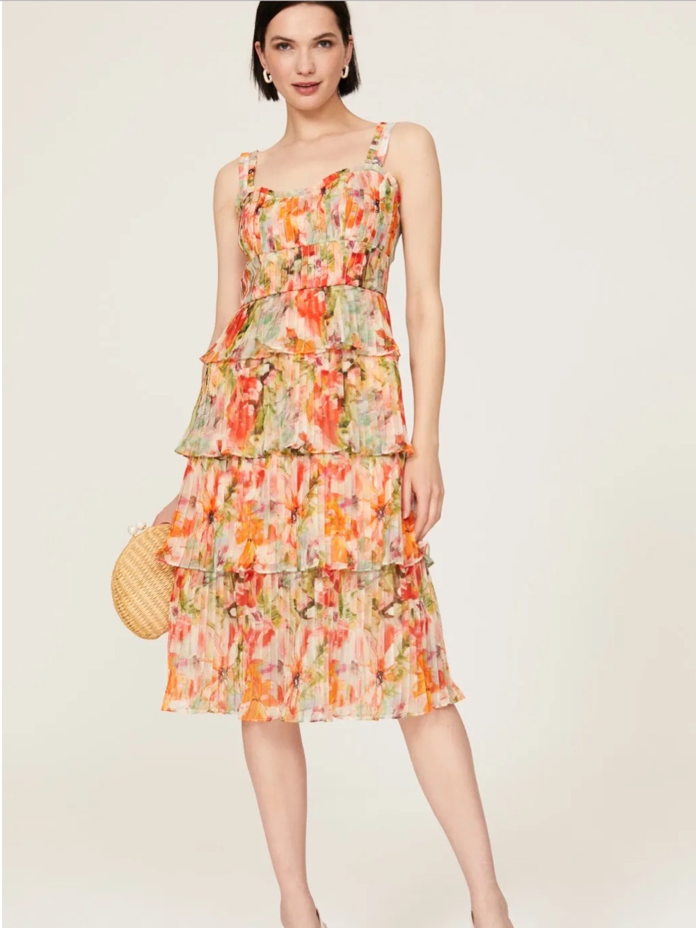Marchesa Notte Orange Floral Midi Dress